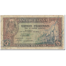 Billet, Espagne, 5 Pesetas, 1940, 1940-09-04, KM:123a, B+