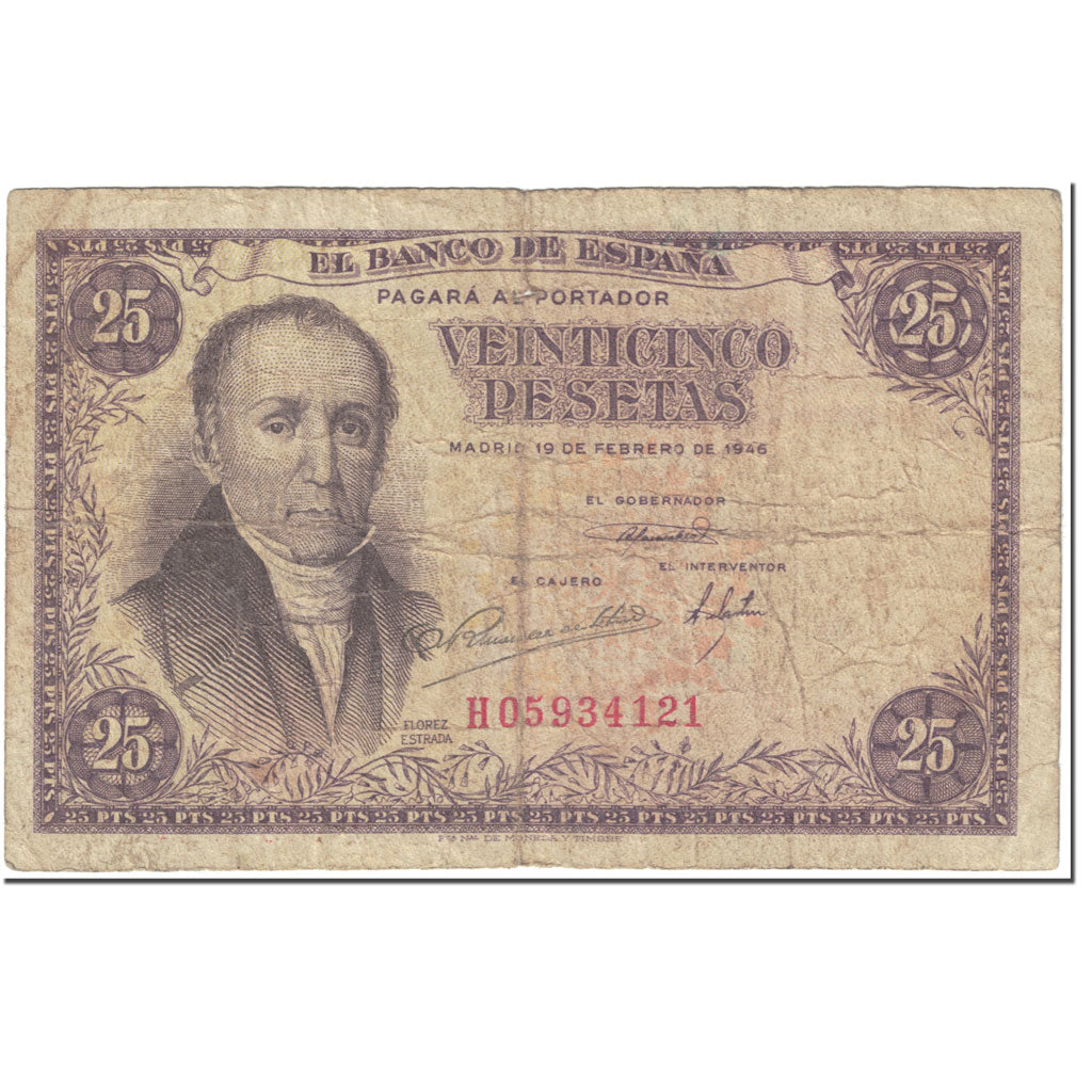 Banknote, Spain, 25 Pesetas, 1946, 1946-02-19, KM:130a, VG(8-10)