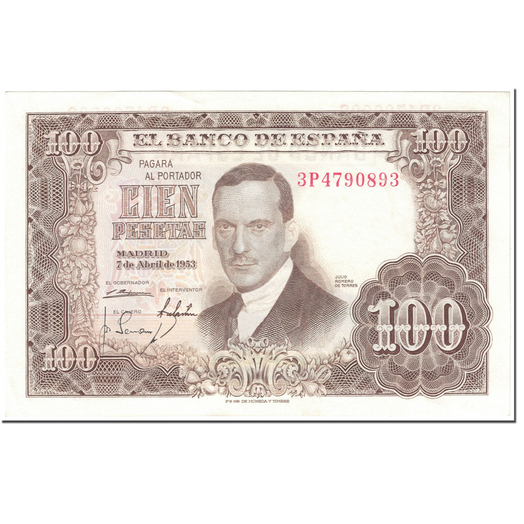 Banknote, Spain, 100 Pesetas, 1953, 1953-04-07, KM:145a, UNC(65-70)