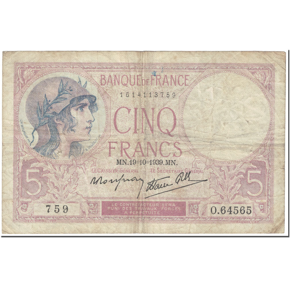 Francia, 5 Francs, 5 F 1917-1940 ''Violet'', 1939, 1939-10-19, MB, Fayette:4.12
