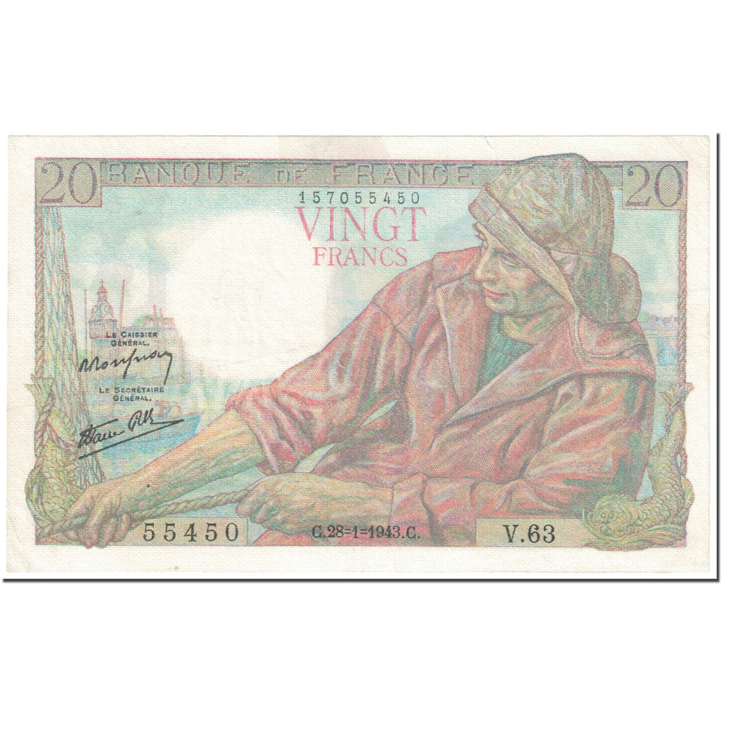Francia, 20 Francs, 20 F 1942-1950 ''Pêcheur'', 1943, 1943-01-28, EBC