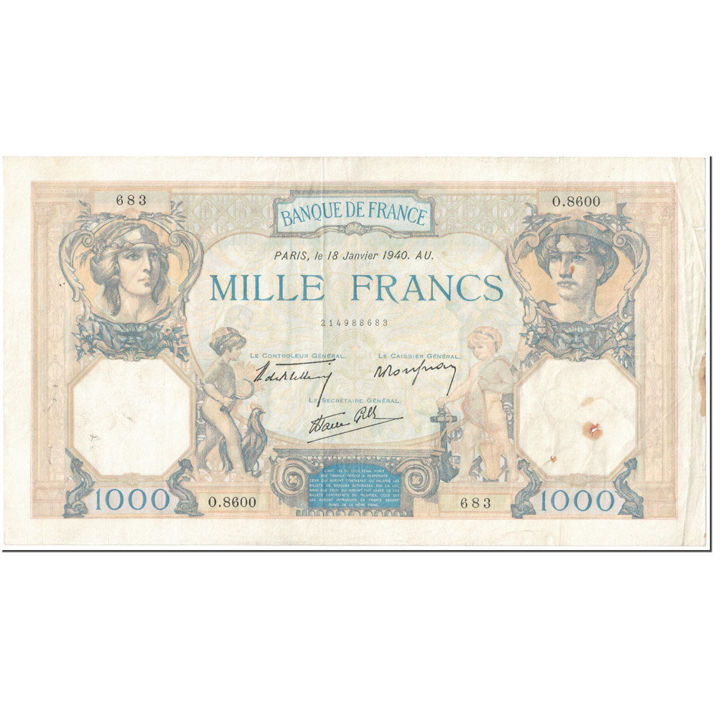 France, 1000 Francs, 1 000 F 1927-1940 ''Cérès et Mercure'', 1940, 1940-01-18
