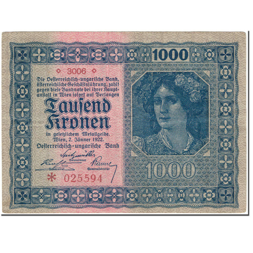 Banknote, Austria, 1000 Kronen, 1922, 1922-01-02, KM:78, UNC(65-70)