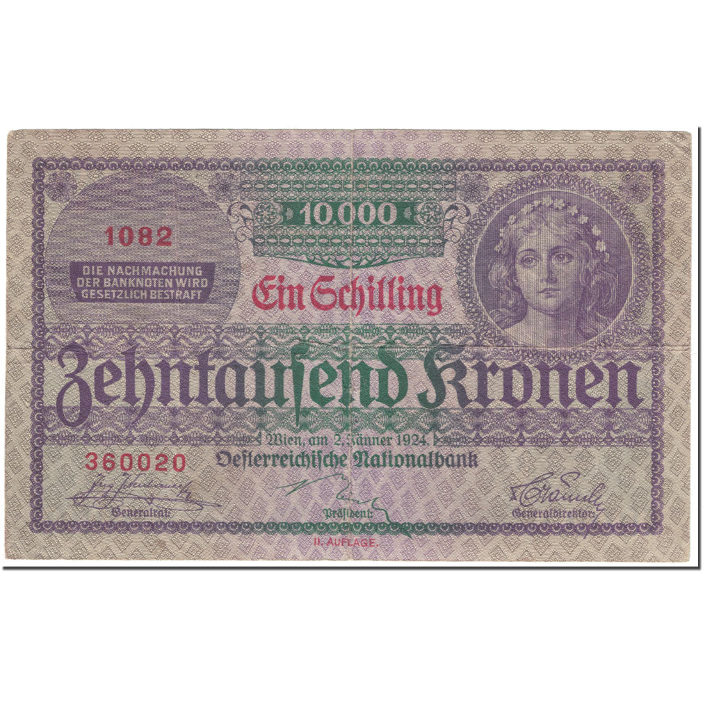 Banknote, Austria, 1 Schilling on 10,000 Kronen, 1924, 1924-01-02, KM:87