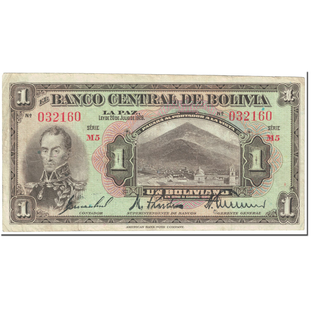 Geldschein, Bolivien, 1 Boliviano, 1928, 1928-07-20, KM:118a, SS
