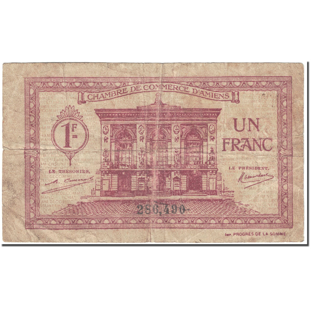 France, 1 Franc, 1922, Undated (1922), Chambre de Commerce AMIEN, VF(20-25)