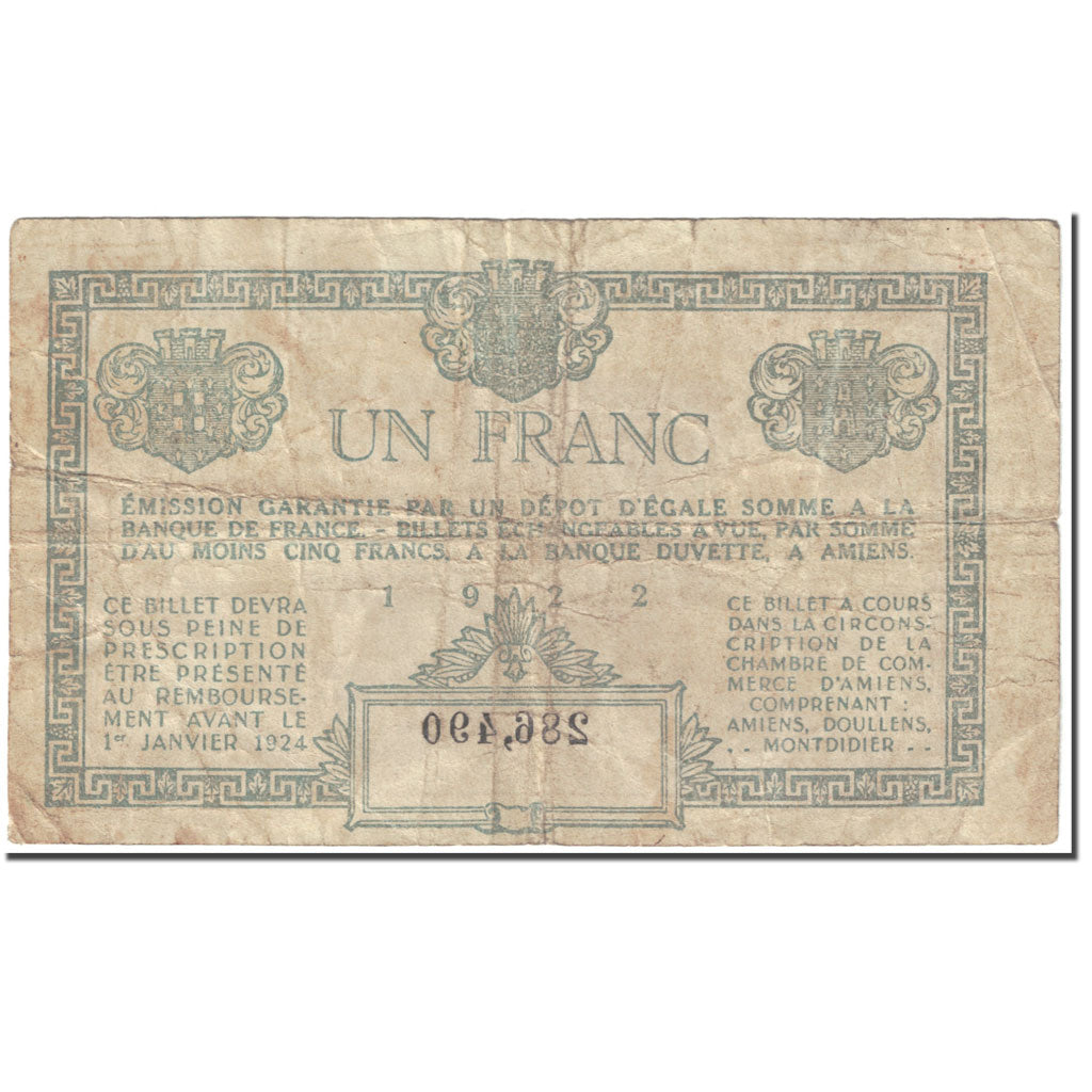 France, 1 Franc, 1922, Undated (1922), Chambre de Commerce AMIEN, VF(20-25)