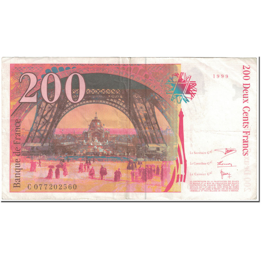 France, 200 Francs, 200 F 1995-1999 ''Eiffel'', 1999, Undated (1999), VF(20-25)