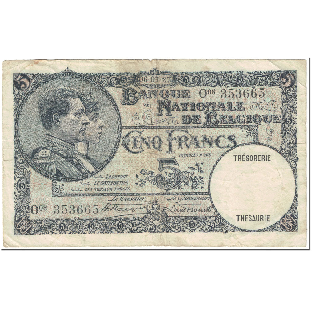 Banknote, Belgium, 5 Francs, 1927, 1927-07-06, KM:97b, VF(20-25)