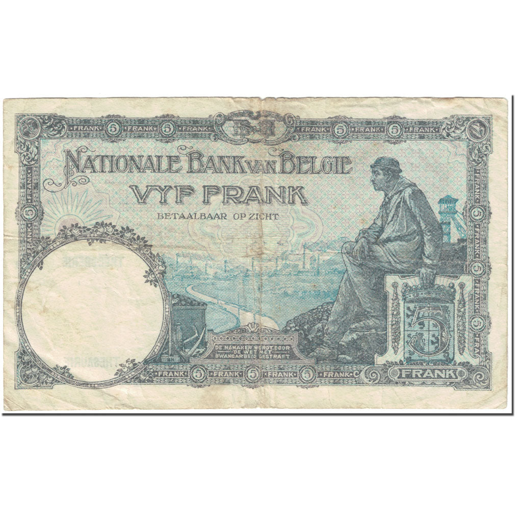 Banknote, Belgium, 5 Francs, 1927, 1927-07-06, KM:97b, VF(20-25)