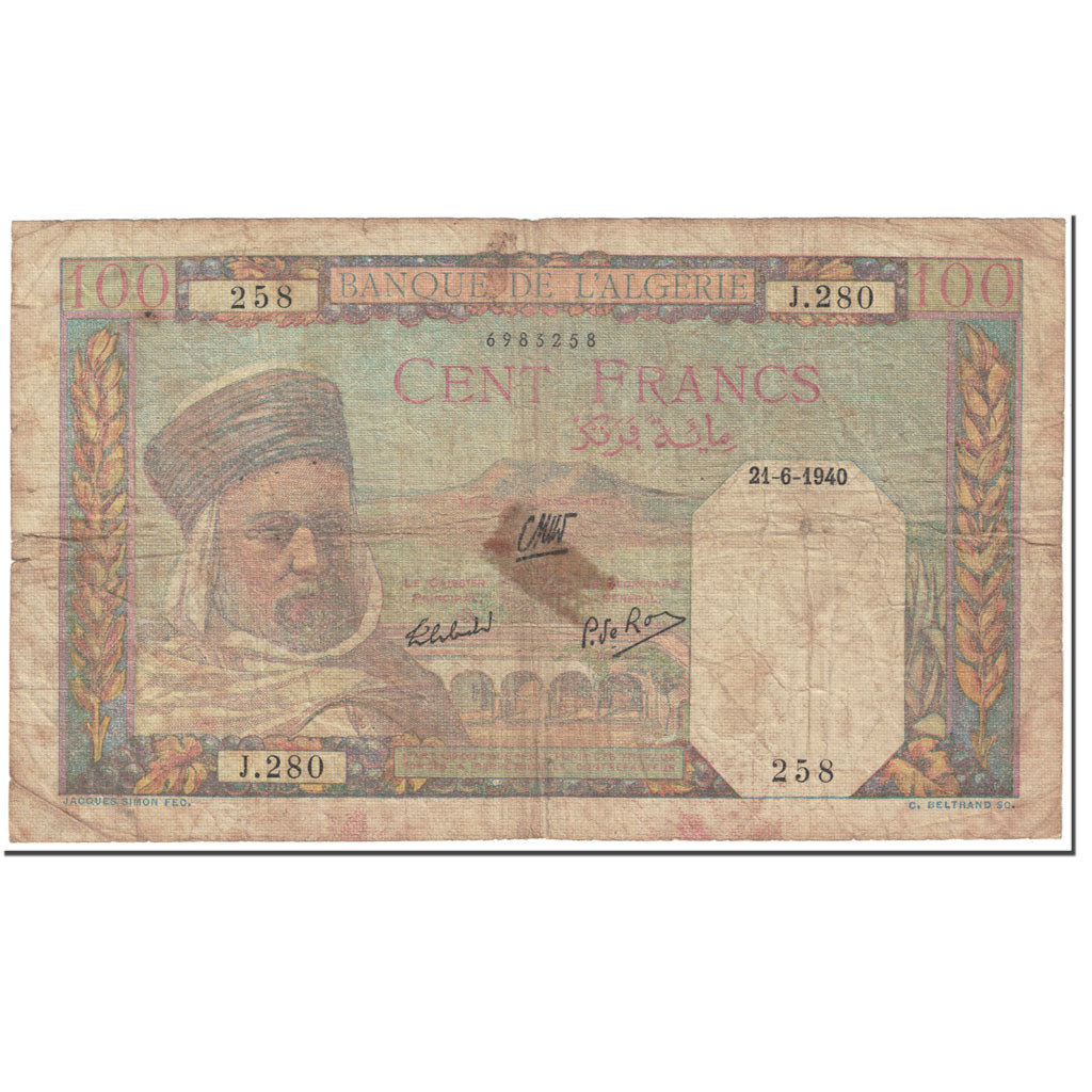 Banknote, Algeria, 100 Francs, 1940, 1940-09-30, KM:85, VG(8-10)