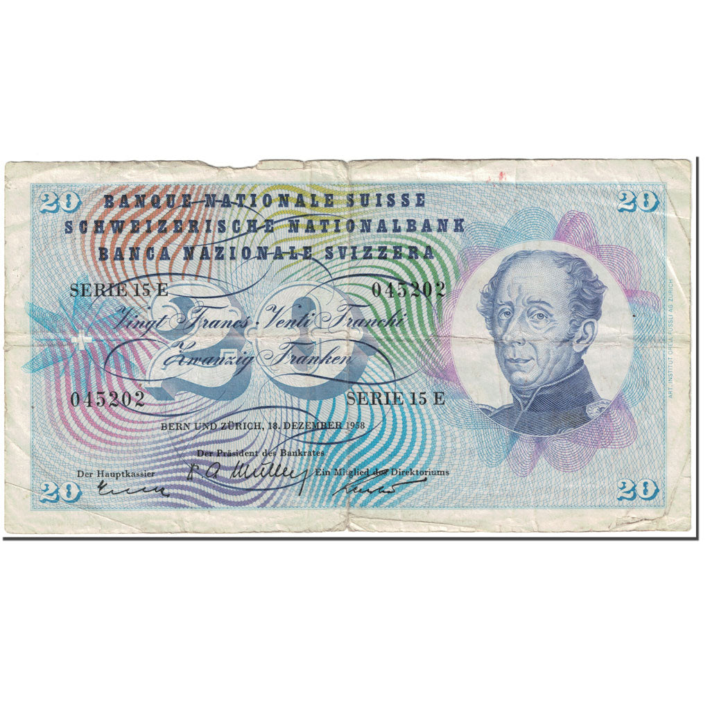 Banknote, Switzerland, 20 Franken, 1958, 1958-12-18, KM:46f, VG(8-10)