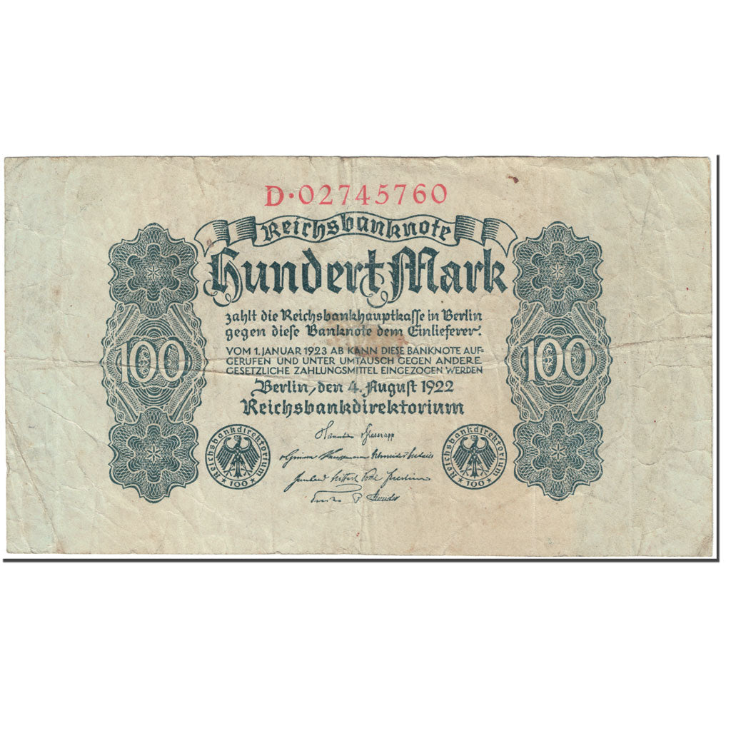 Banknote, Germany, 100 Mark, 1922, 1922-08-04, KM:75, VF(20-25)