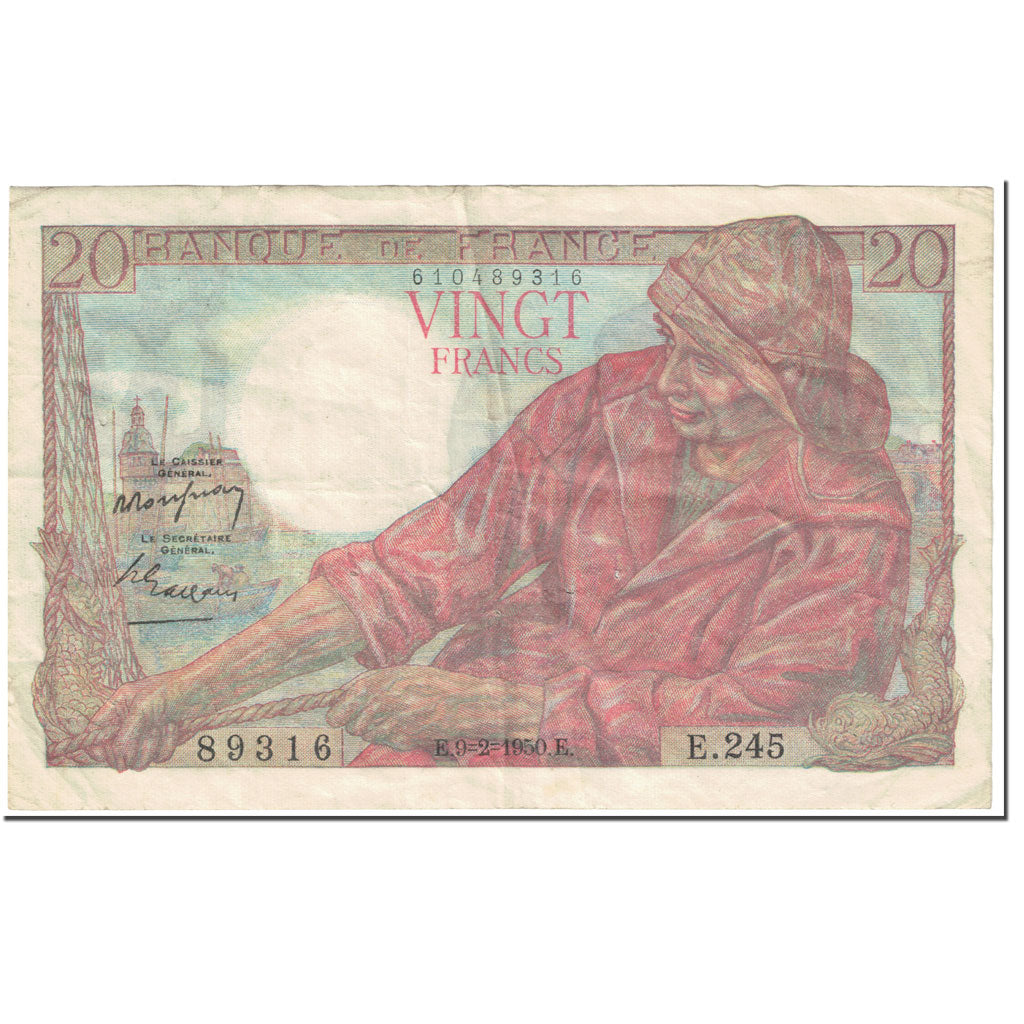 Francja, 20 Francs, Pêcheur, 1950, 1950-02-09, VF(20-25), Fayette:13.7, KM:100d