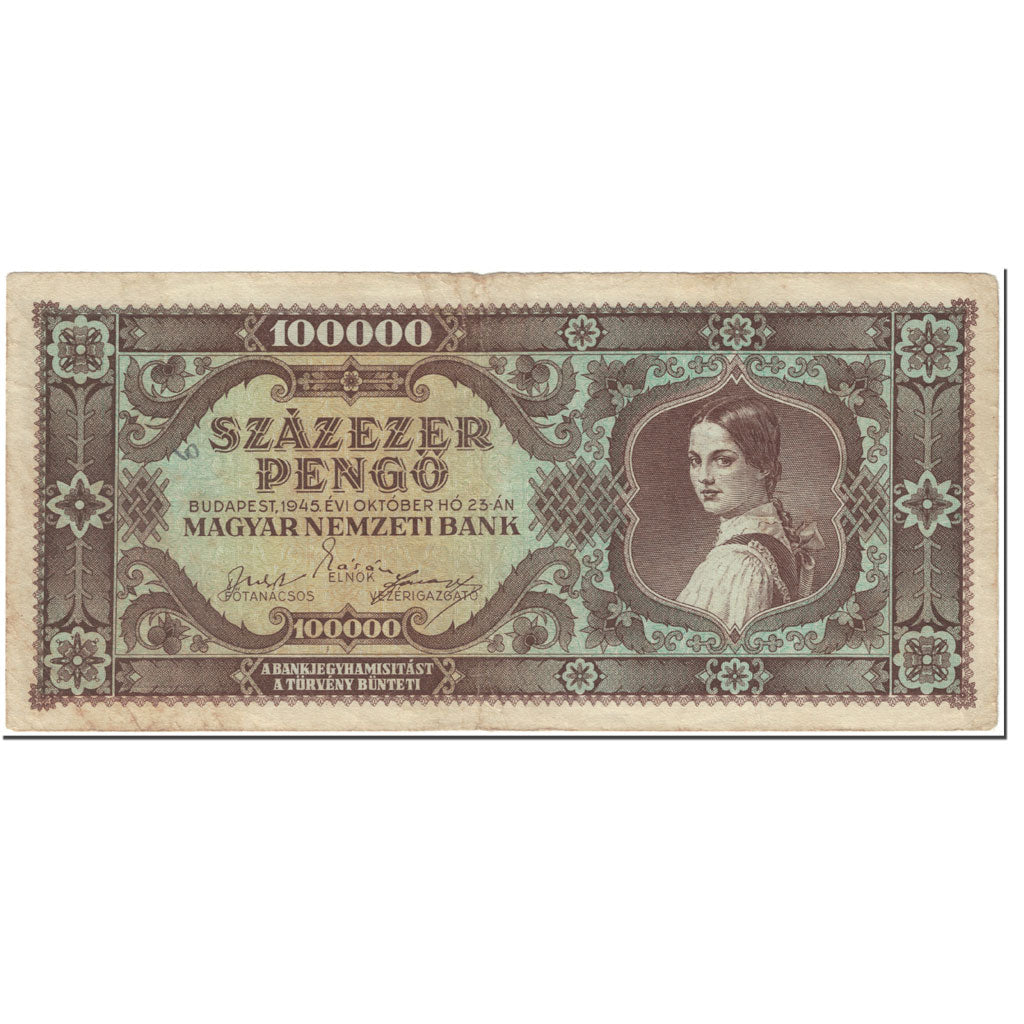Banknote, Hungary, 100,000 Pengö, 1945, 1945-10-23, KM:120A, VF(20-25)
