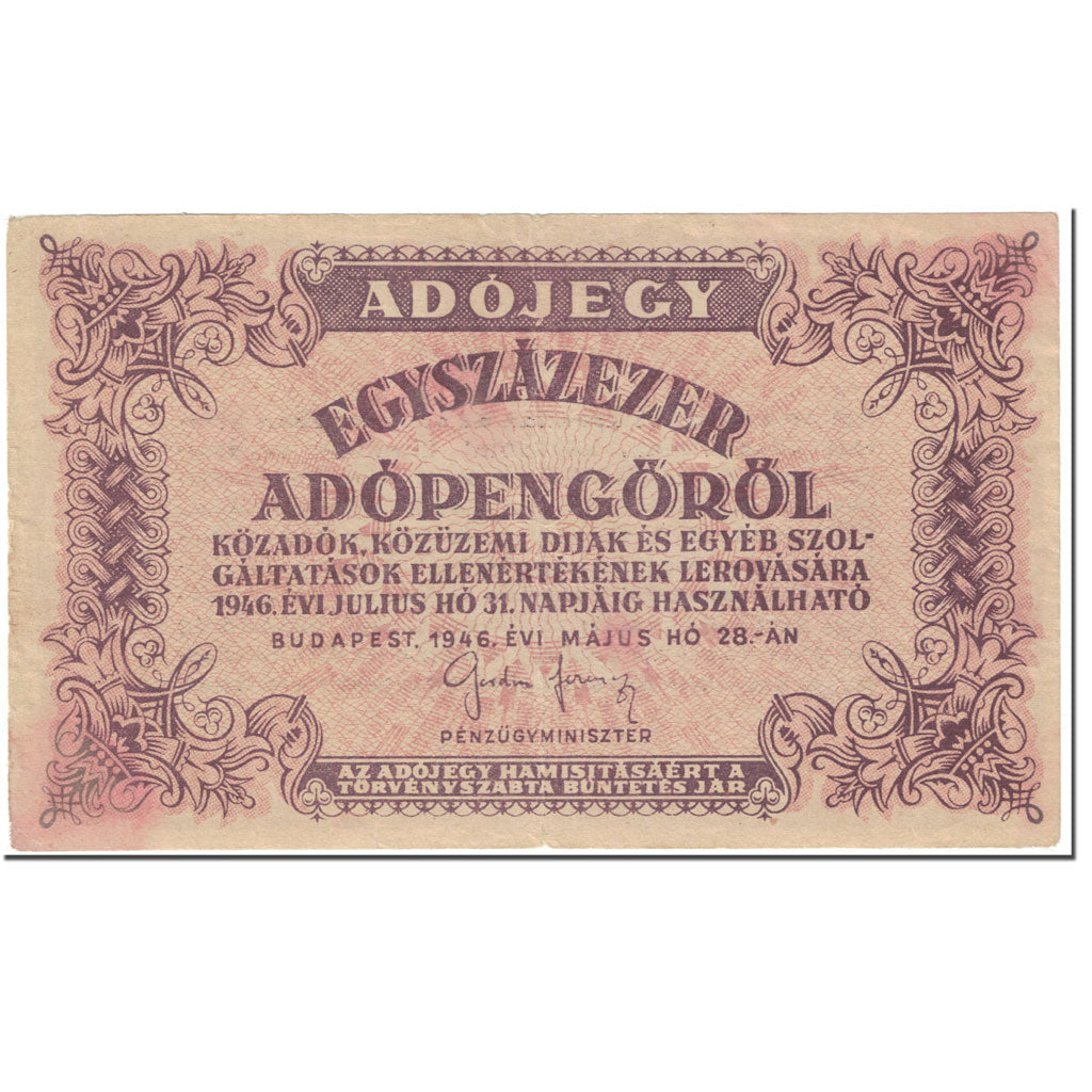 Banconote, Ungheria, 100,000 (Egyszázezer) Adópengö, 1946, 1946-05-28