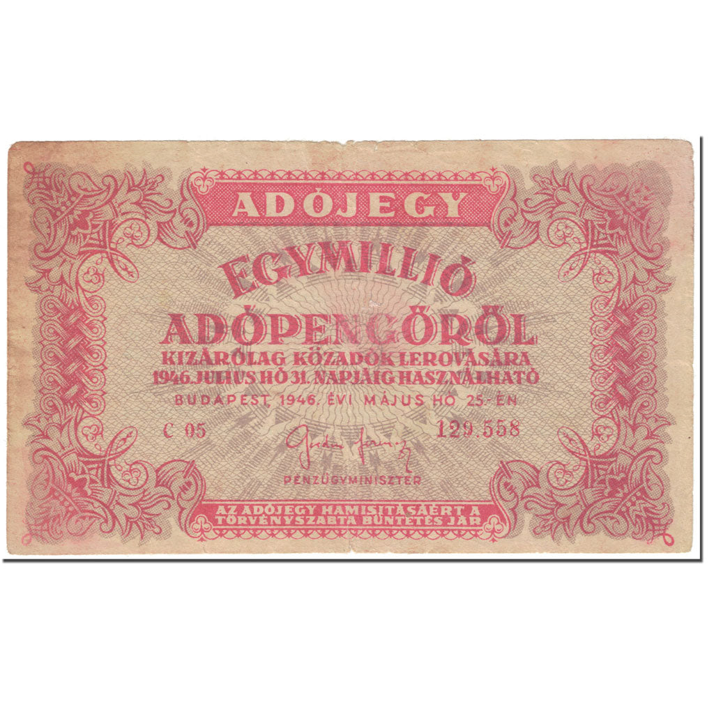 Banconote, Ungheria, 1,000,000 (Egymillió) Adópengö, 1946, 1946-05-25