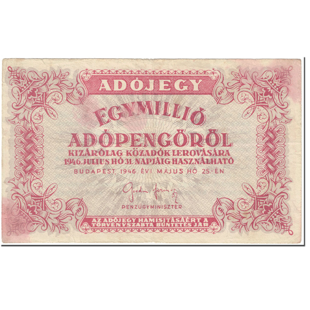 Banconote, Ungheria, 1,000,000 (Egymillió) Adópengö, 1946, 1946-05-25