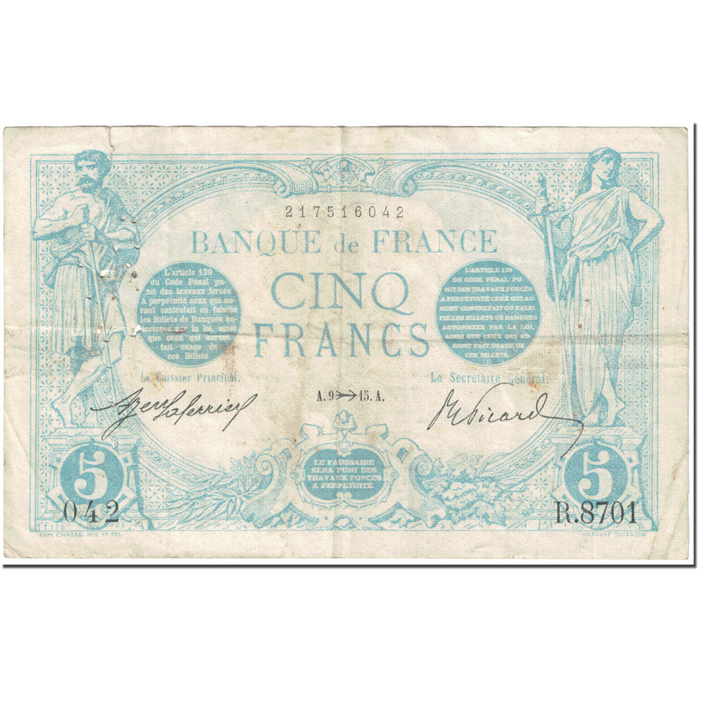 Francja, 5 Francs, 5 F 1912-1917 ''Bleu'', 1915, 1915-11-09, VF(20-25)