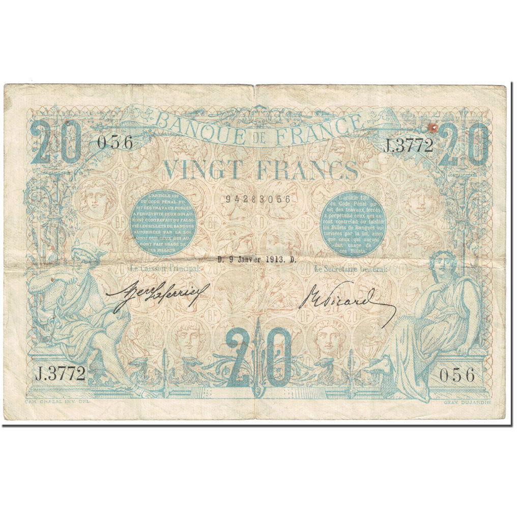 Francia, 20 Francs, 20 F 1905-1913 ''Bleu'', 1913, 1913-01-09, BC, Fayette:10.3