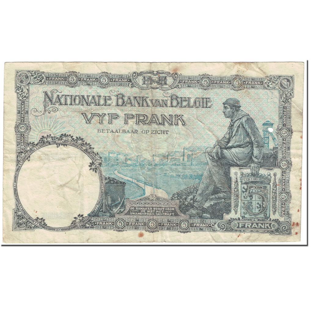 Banknote, Belgium, 5 Francs, 1929, 1929-01-07, KM:97b, VG(8-10)