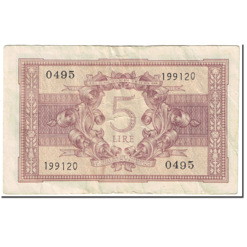 Banknote, Italy, 5 Lire, 1944, 1944-11-23, KM:31c, EF(40-45)