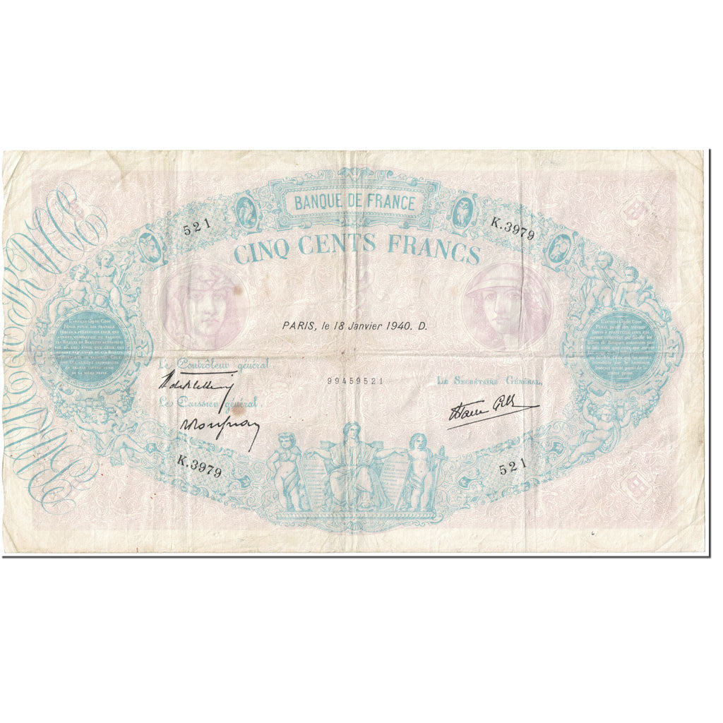 Francia, 500 Francs, Bleu et Rose, 1940, 1940-01-18, BC, Fayette:31.57, KM:88c