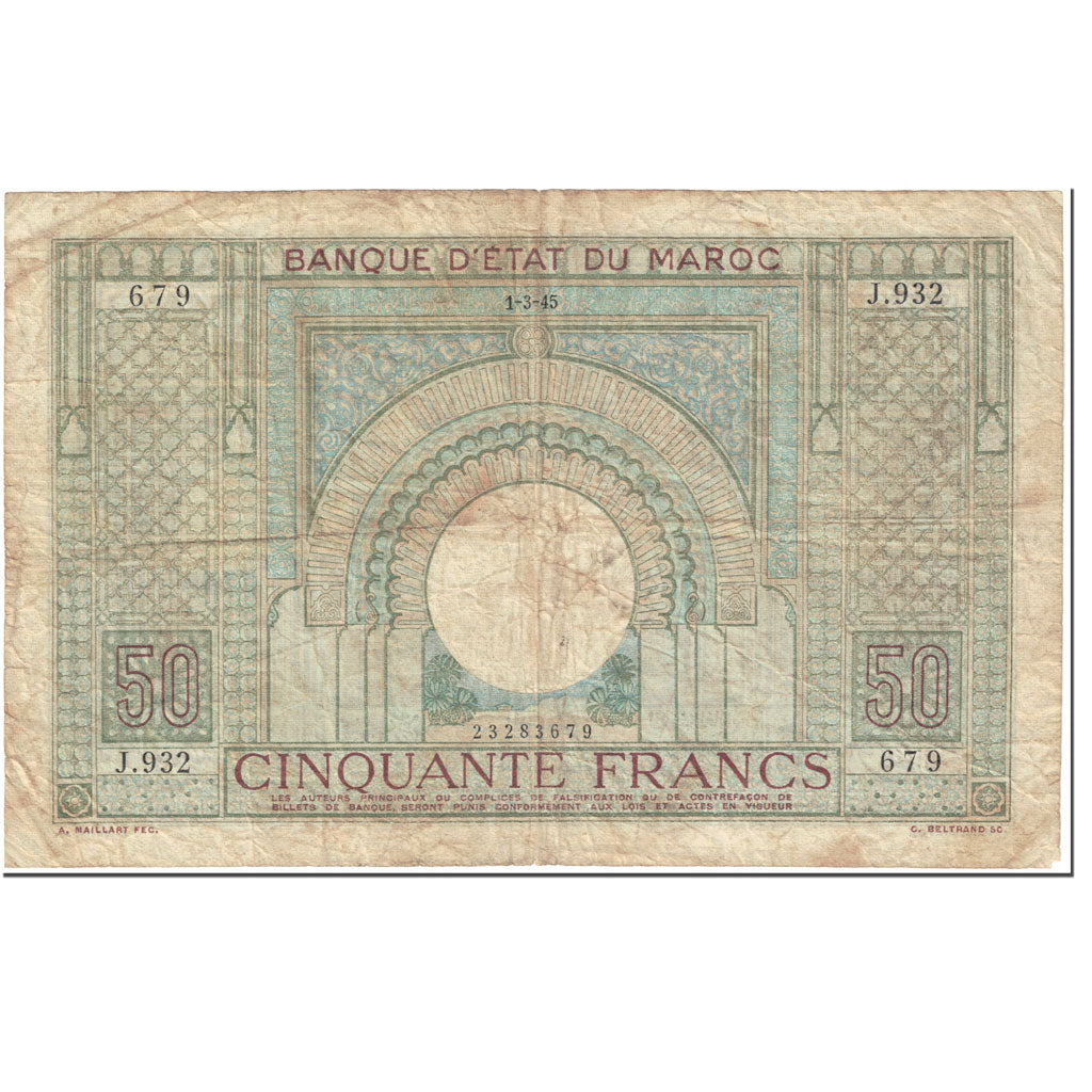 Banknote, Morocco, 50 Francs, 1945, 1945-03-01, KM:21, VF(30-35)
