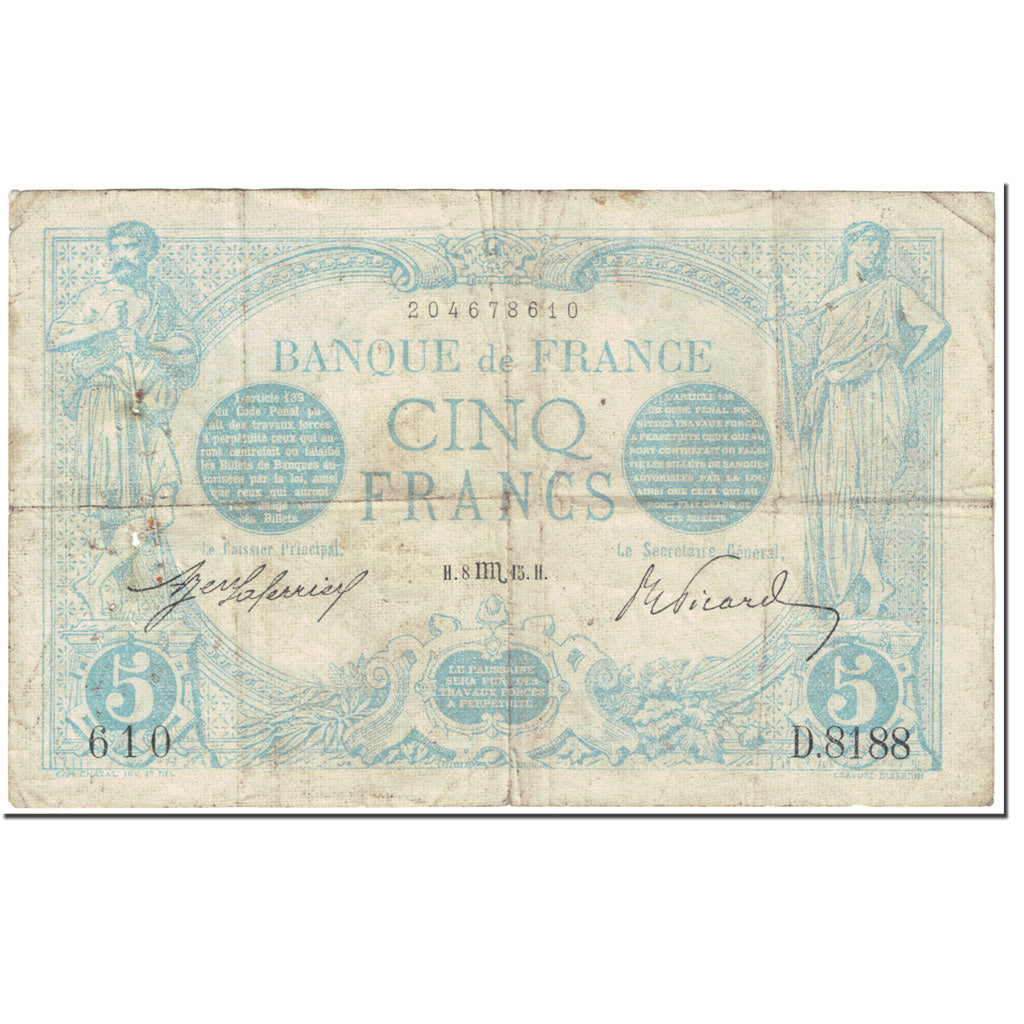 Francia, 5 Francs, 5 F 1912-1917 ''Bleu'', 1915, 1915-08-08, BC, Fayette:2.30