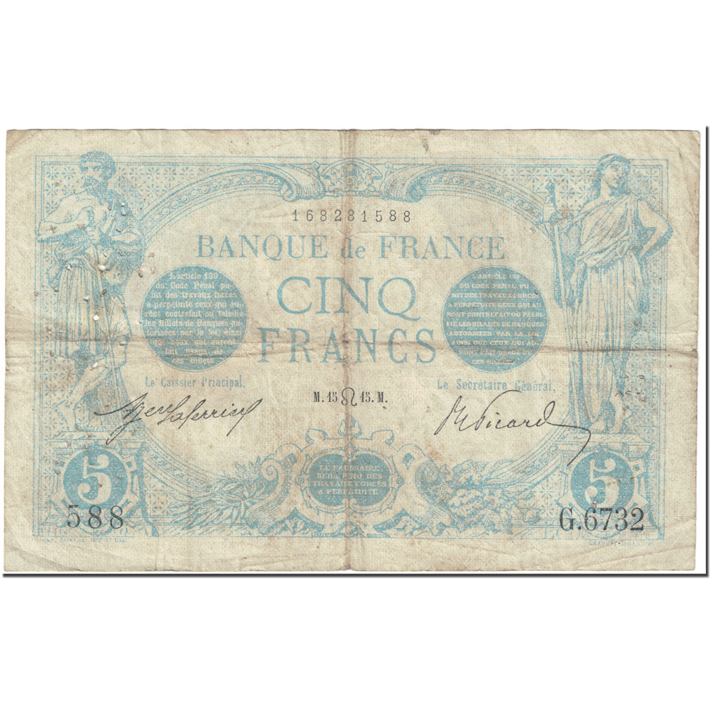 France, 5 Francs, 5 F 1912-1917 ''Bleu'', 1915, 1915-07-15, VF(20-25)
