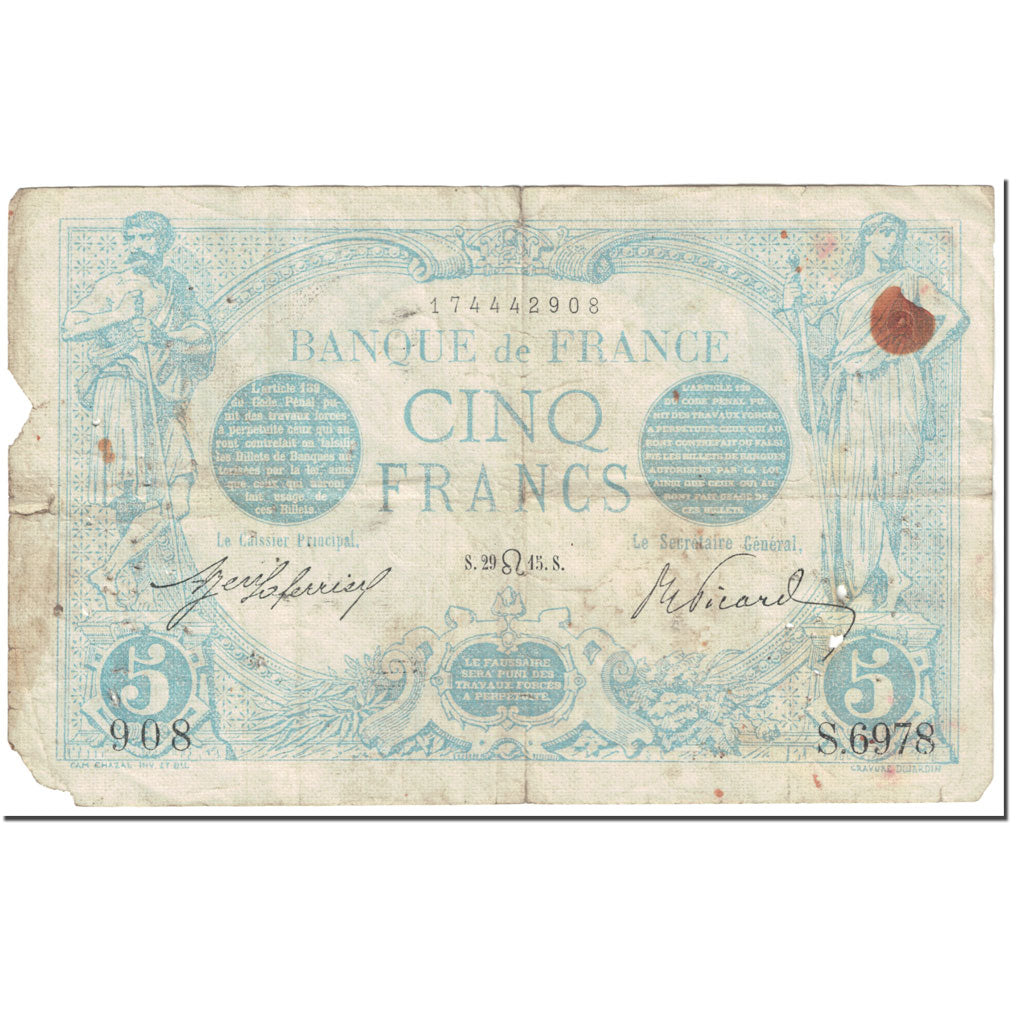 France, 5 Francs, 5 F 1912-1917 ''Bleu'', 1915, 1915-07-29, AB, Fayette:2.29