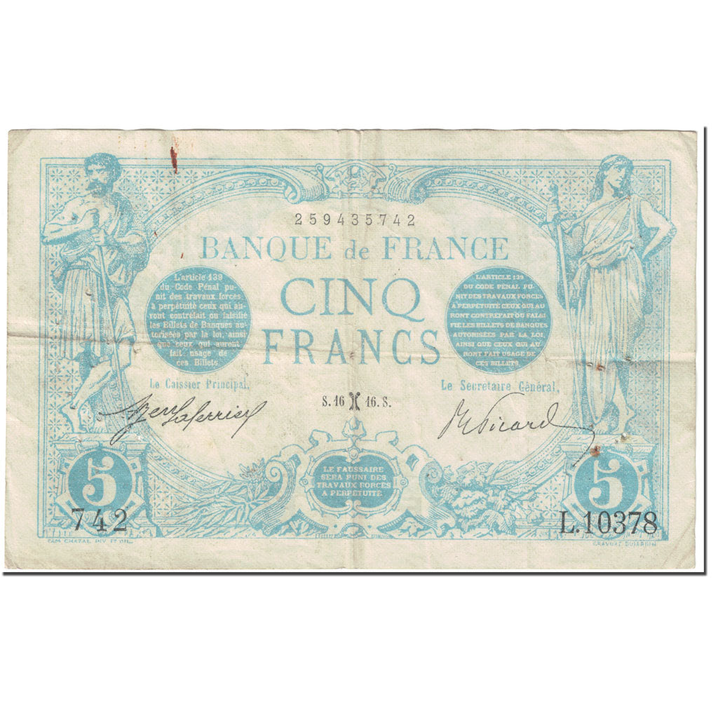 France, 5 Francs, 5 F 1912-1917 ''Bleu'', 1916, 1916-02-16, VF(20-25)