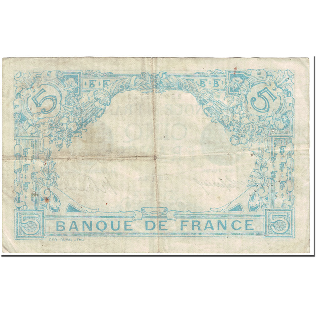 France, 5 Francs, 5 F 1912-1917 ''Bleu'', 1916, 1916-02-16, VF(20-25)