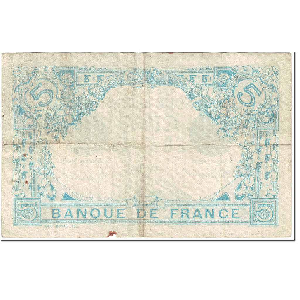 França, 5 Francs, Bleu, 1916, 1916-04-05, VG(8-10), Fayette:2.38, KM:70
