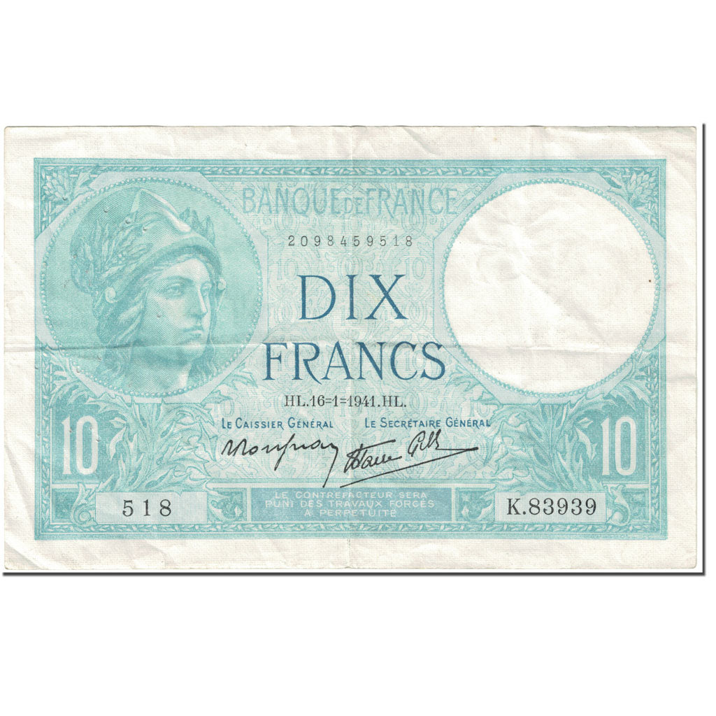 Frankrijk, 10 Francs, 10 F 1916-1942 ''Minerve'', 1941, 1941-01-16, TTB