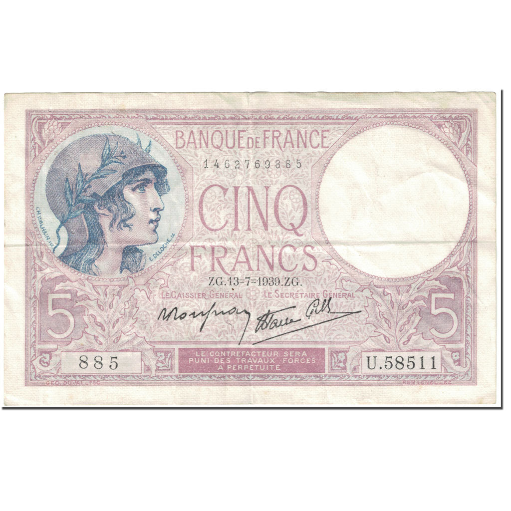Francia, 5 Francs, 5 F 1917-1940 ''Violet'', 1939, 1939-07-13, BB
