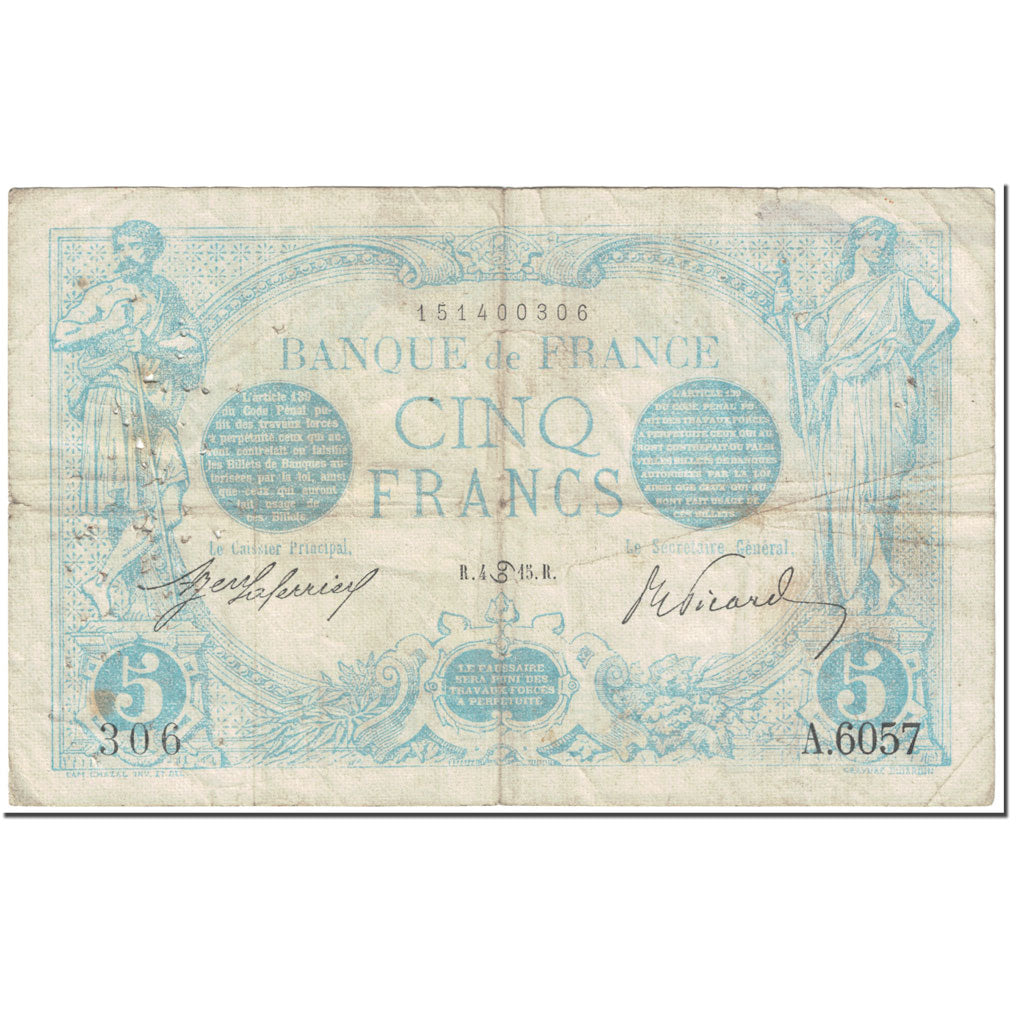 Francia, 5 Francs, Bleu, 1915, 1915-06-04, BC, Fayette:2.28, KM:70