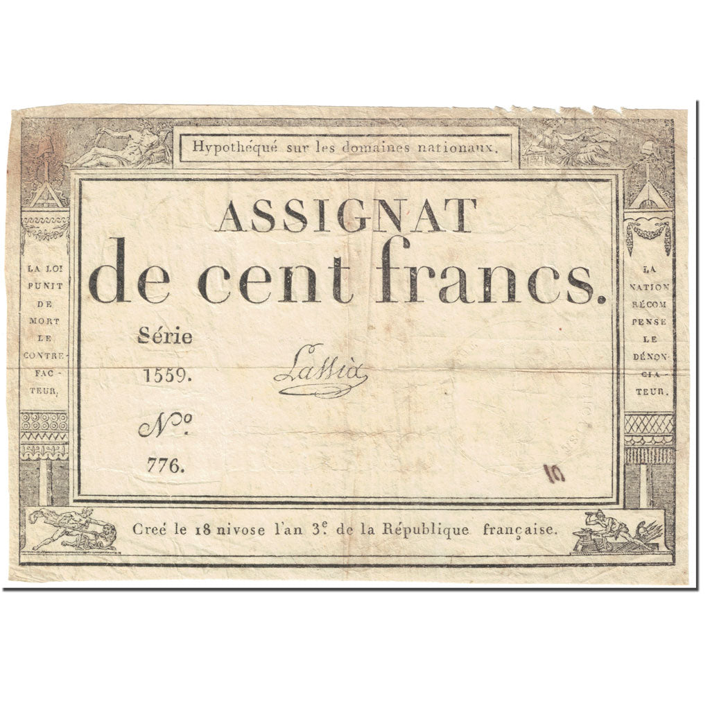 France, 100 Francs, 1795, Lassia, 1795-01-07, VF(20-25), KM:A78