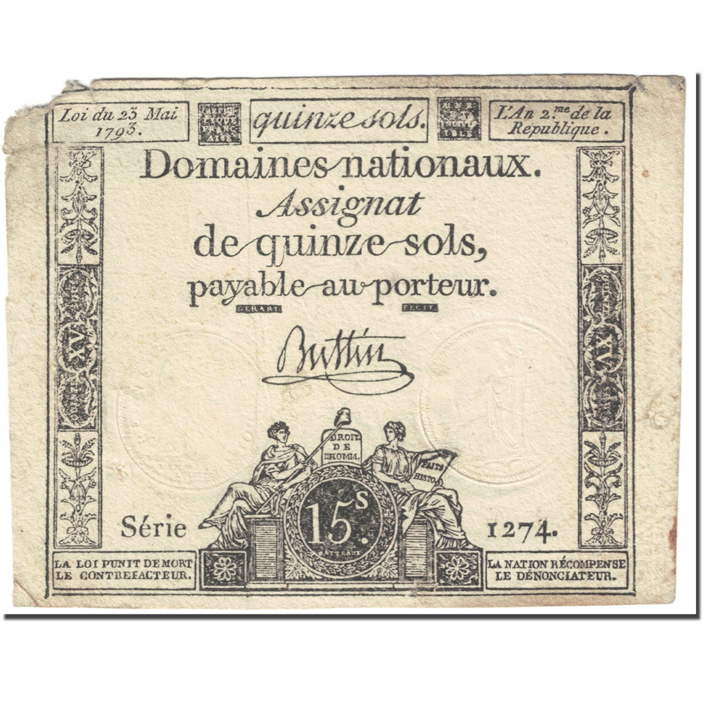 France, 15 Sols, 1793, 1793-05-23, VF(20-25), KM:A69b