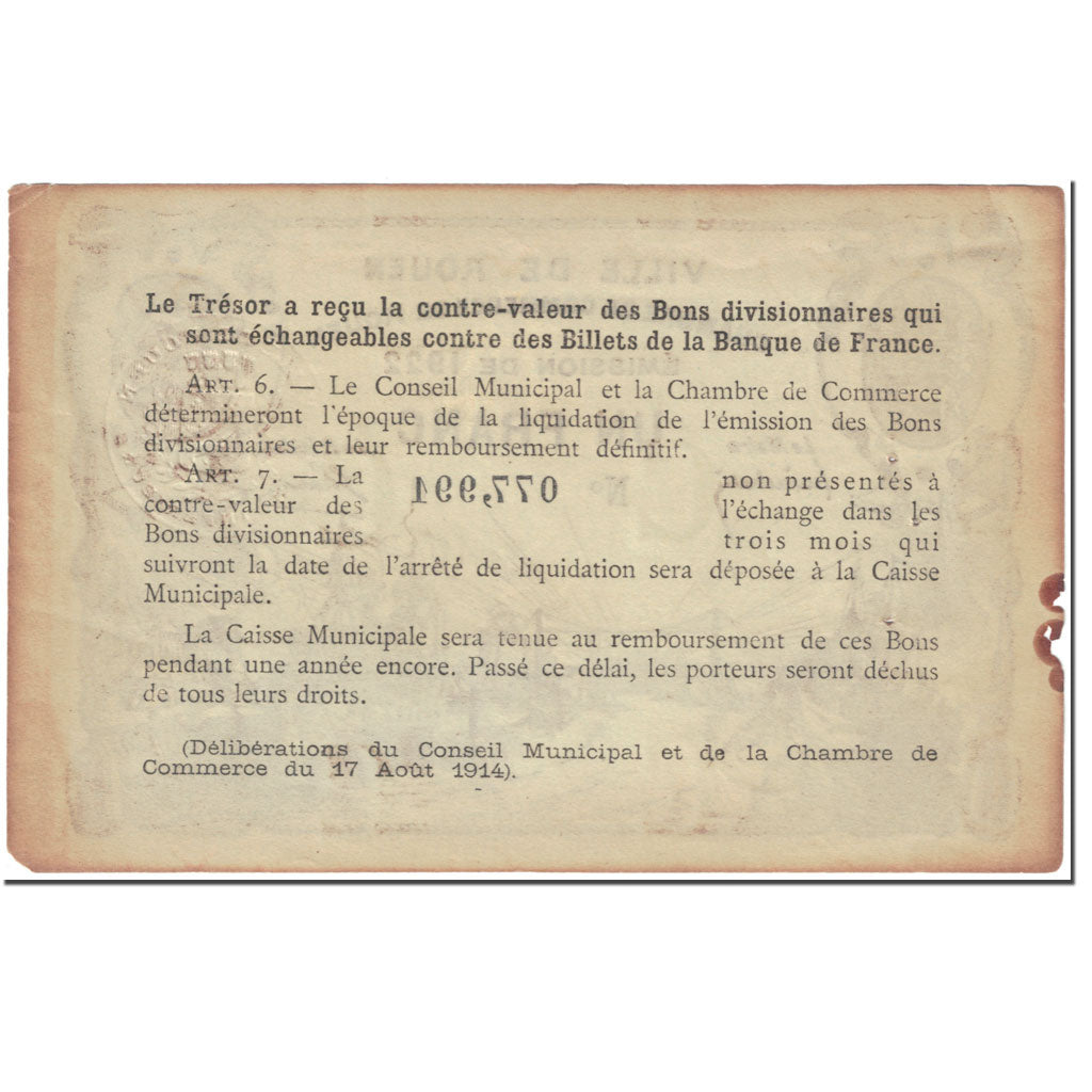 France, 1 Franc, Chambres de Commerce Rouen, 1922, Undated (1922), VG(8-10)