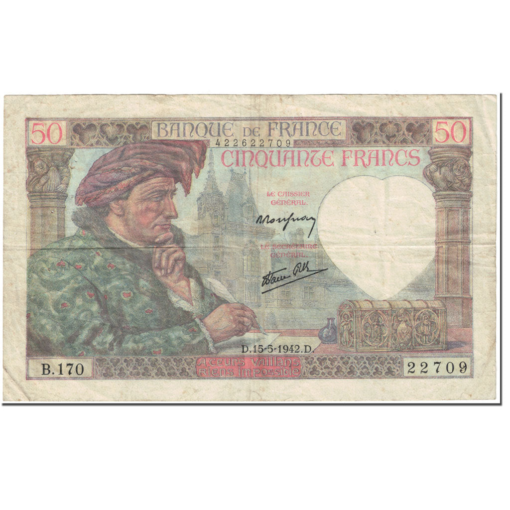 Frankreich, 50 Francs, Jacques Coeur, 1942, 1942-05-15, SS, Fayette:19.20, KM:93