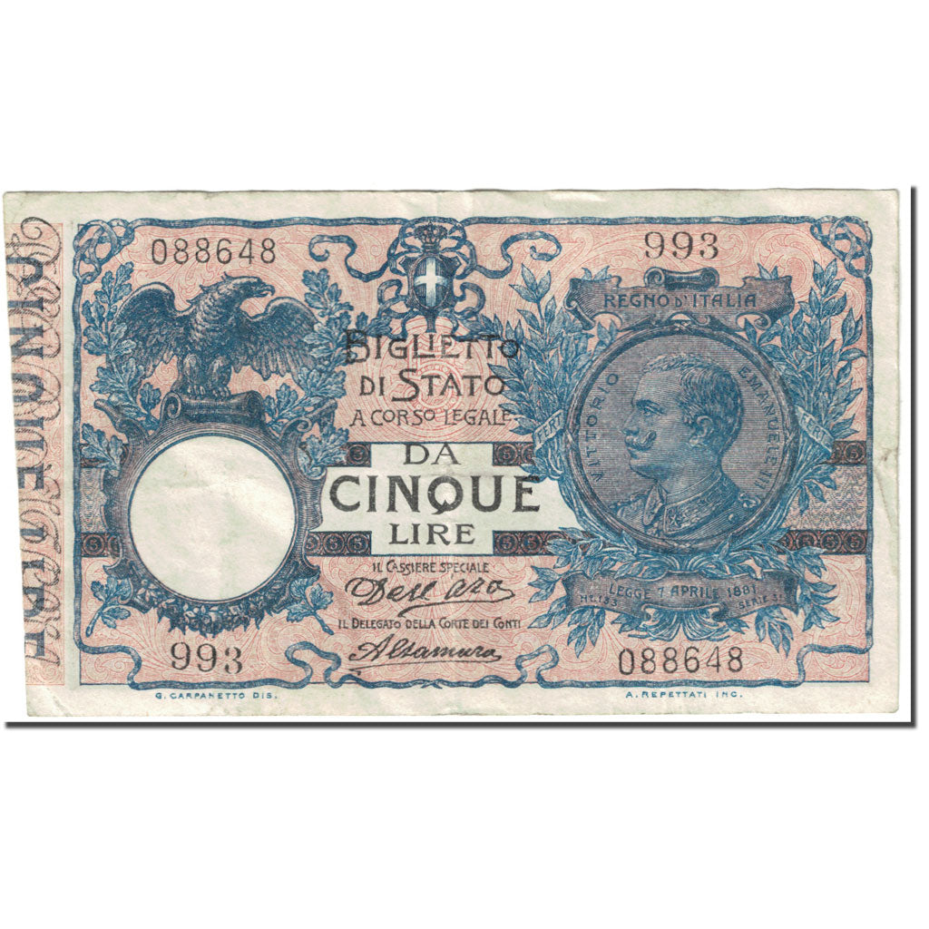 Billete, 5 Lire, 1911, Italia, 1911-01-21, KM:23b, MBC