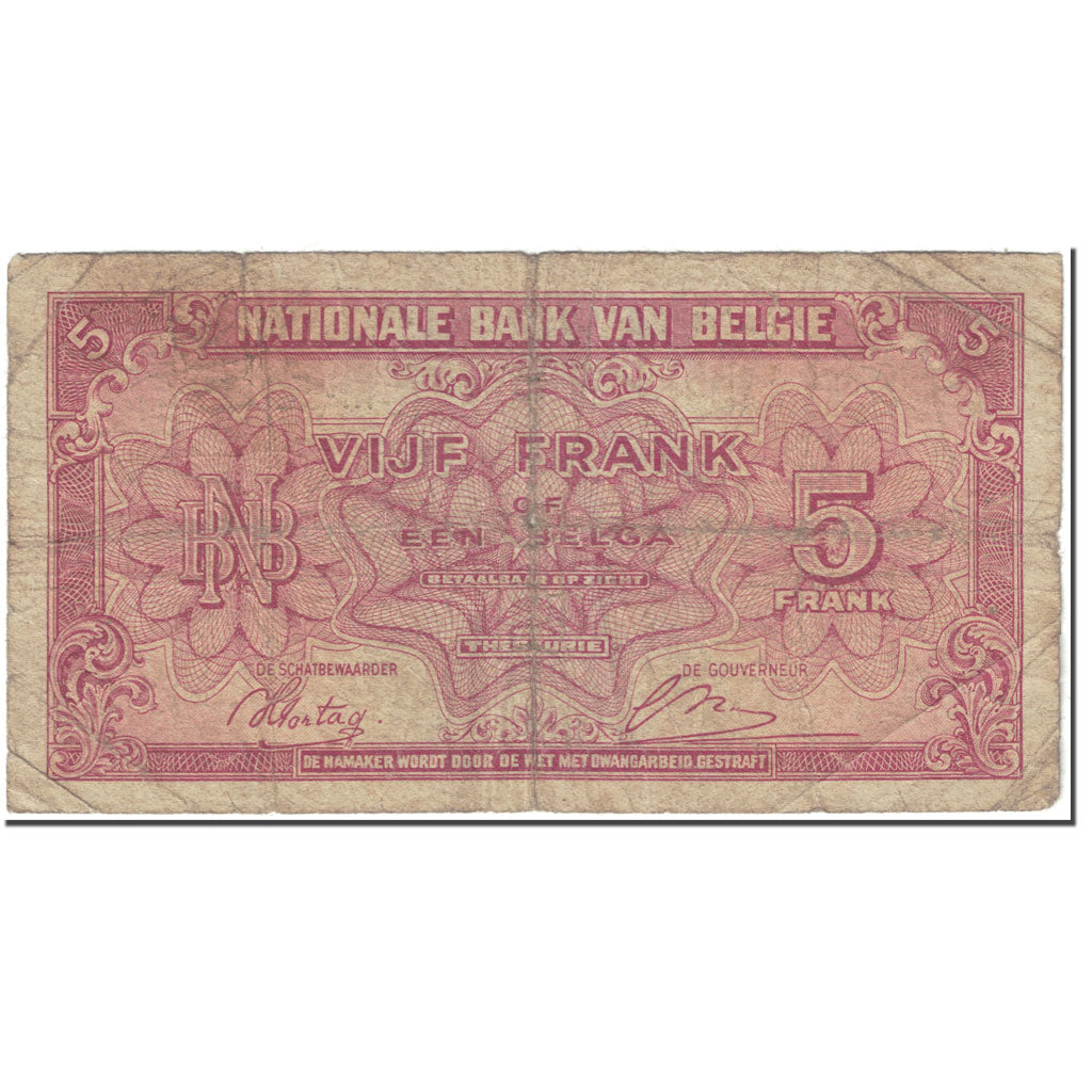 Billete, 5 Francs-1 Belga, 1943, Bélgica, 1943-02-01, KM:121, RC