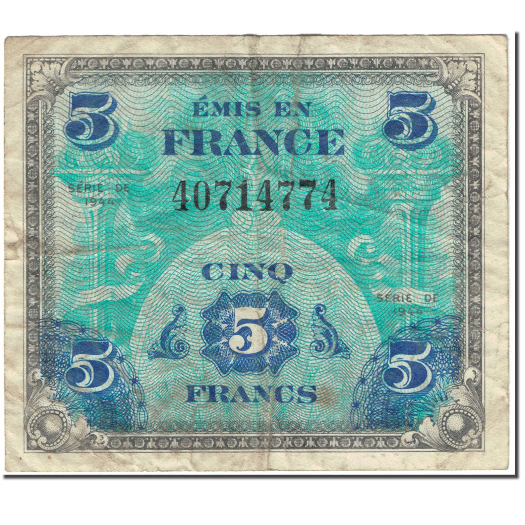 France, 5 Francs, Drapeau/France, 1944, Undated (1944), TB, Fayette:VF17.1