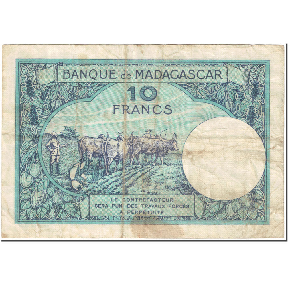 Banknote, Madagascar, 10 Francs, 1937-1947, Undated (1937-47), KM:36, VF(20-25)