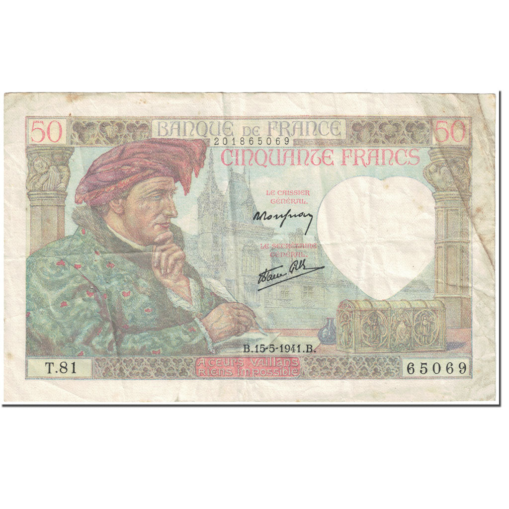 Frankrijk, 50 Francs, Jacques Coeur, 1941, 1942-05-15, TTB, Fayette:19.20, KM:93