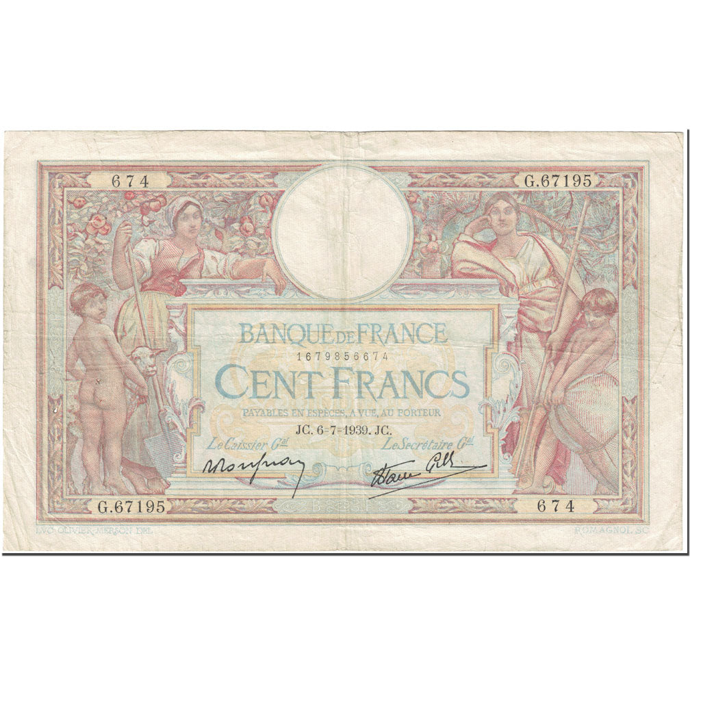 France, 100 Francs, Luc Olivier Merson, 1939, 1939-07-06, VF(30-35)