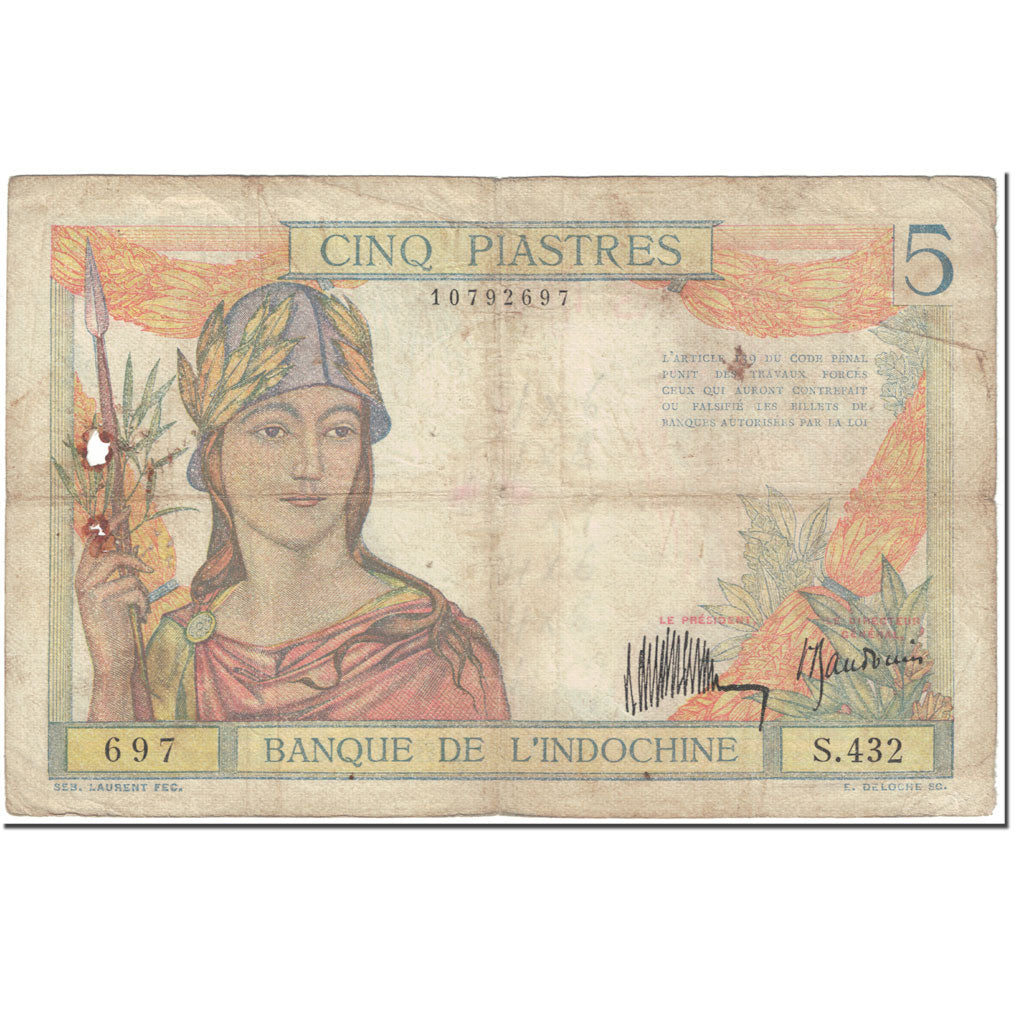 Banknote, FRENCH INDO-CHINA, 5 Piastres, 1932, Undated (1932), KM:53a, AG(1-3)