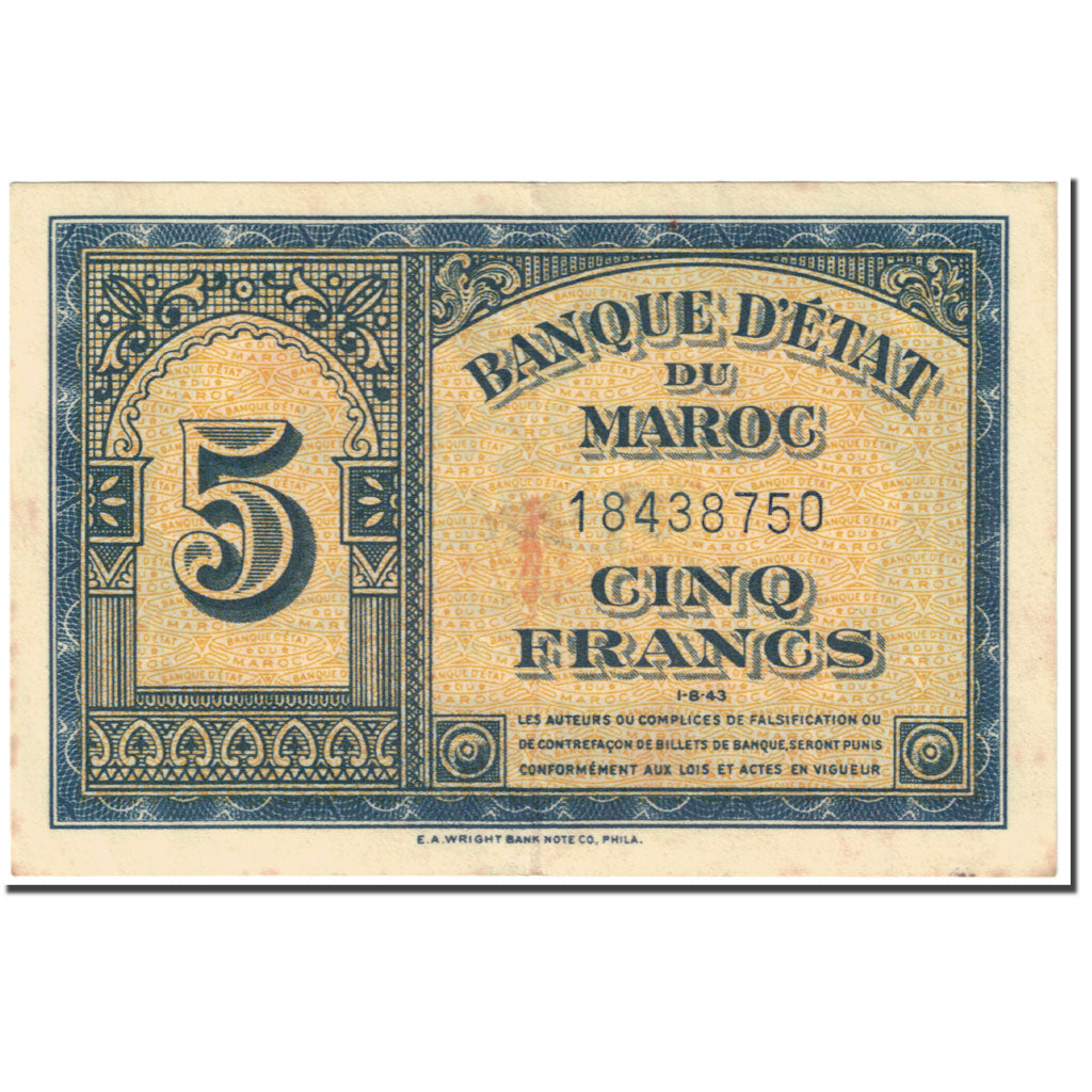 Banknote, Morocco, 5 Francs, 1943, 1943-08-01, KM:24, EF(40-45)