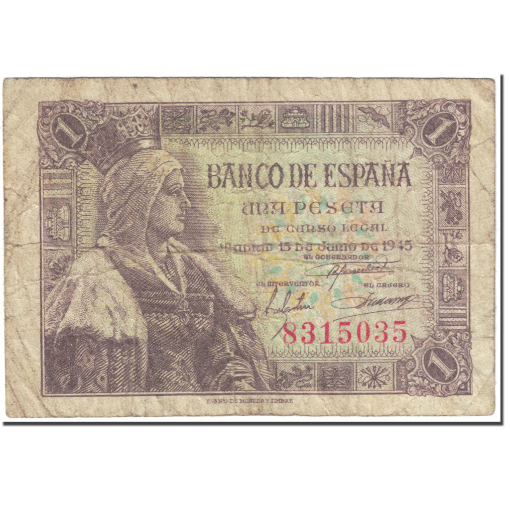 Banknote, Spain, 1 Peseta, 1945, 1945-06-15, KM:128a, VF(20-25)
